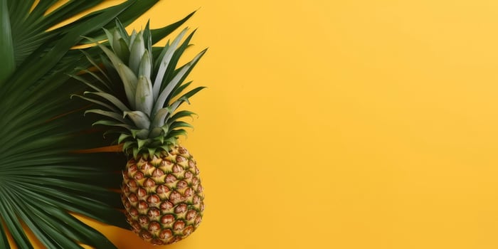 Tropical pineapple and palm on yellow background. Empty space flat lay. Creative minimal summer concept. Generative AI photo