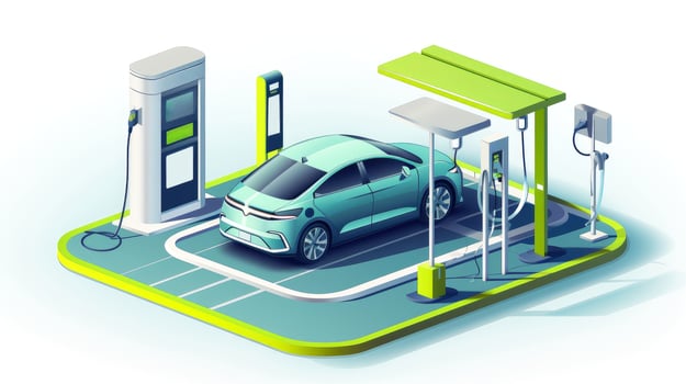 Electric car at futuristic charging station. Selected focusing. Eco alternative transport and battery charging technology concept, electric hybrid machine, Generative AI illustration photo
