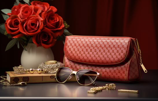 Womanish purse in still life for cosmetics, accessories, mobile phone, brooches, watches, fragrances, and sunglasses. AI Generative photo