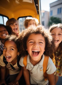 A group of students excitedly gather around a colorful school bus ready to embark on their educational journey photo