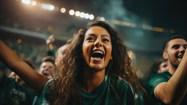 A group of enthusiastic football fans gather under stadium lights ready to cheer on their favorite team for the opening game of the season photo