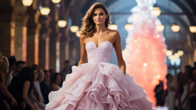 Models strut down the runway in glamorous couture creations under dazzling lights during the September Fashion Week photo