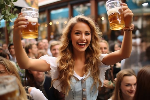 People in traditional attire raise beer steins in camaraderie as the lively Oktoberfest celebrations fill Munichs streets with cheer photo