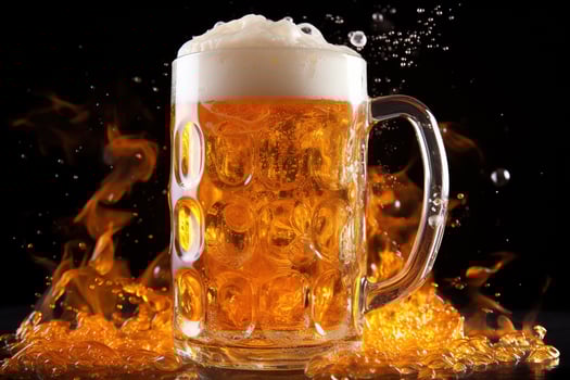 A cold frothy beer mug overflowing with golden bubbles captures the spirit of Oktoberfest celebrations isolated on a white background photo
