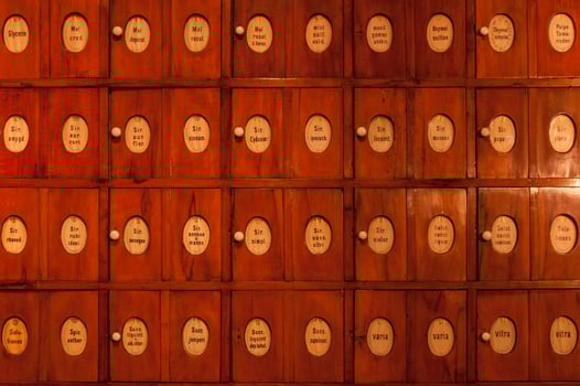 Wall of ancient pharmacy drawers with old inscriptions photo