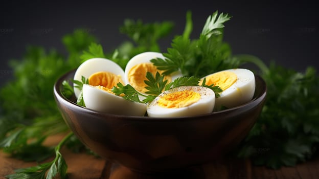 Boiled eggs in a bowl decorated with parsley leaves. Generative AI photo