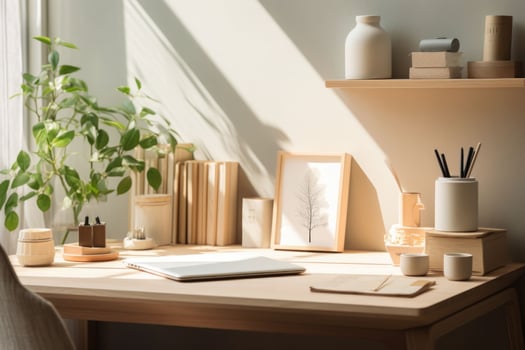 Home office desk in a neutral color palette. A vase, a stack of journals. Simple composition. Generative AI photo