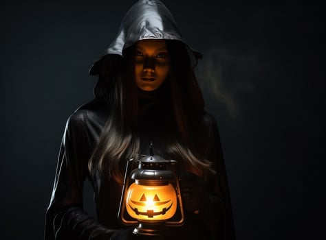Witch with pumpkin lantern on dark background photo