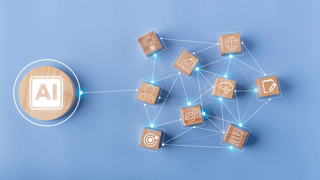 AI network with people. Wooden cube block with AI, Artificial Intelligence, System Artificial intelligence an artificial intelligence chatbot, Digital chatbot, robot application, conversation photo