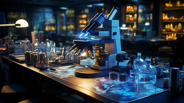 High tech futuristic digital microscope in scientific or medical laboratory for research photo