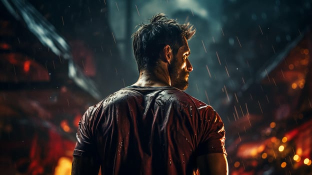 Strong athletic male fighter view from the back photo