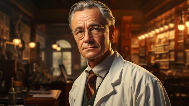 Old male doctor in a white coat in a hospital, medicine and healthcare concept photo