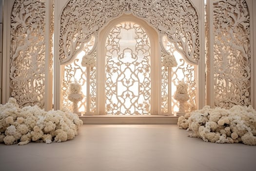 AI Generated wedding arch with flowers on white photo