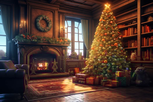 Cosy living room with fireplace and beautiful christmas tree in classic interior. Interior of living room decorated for merry christmas with socks, gift boxes and christmas accessories by AI Generated photo