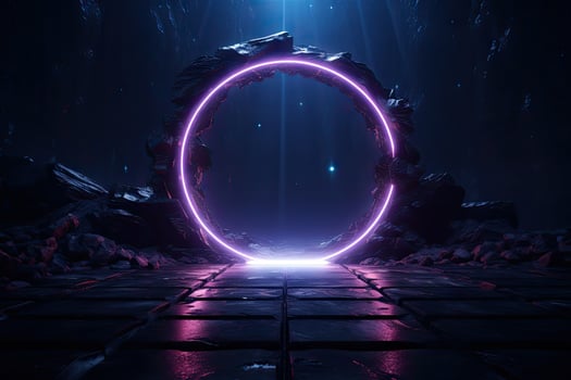 Abstract portal stone gate with neon circle glowing light in the dark space landscape of cosmic, rocky mountain stone field, spectrum light effect photo