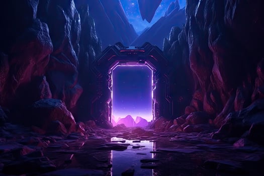 Abstract portal stone gate with neon circle glowing light in the dark space landscape of cosmic, rocky mountain stone field, spectrum light effect photo