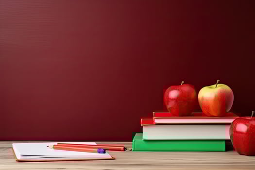 Back to school concept with books, pencils and apple on wooden table.  Generative AI photo
