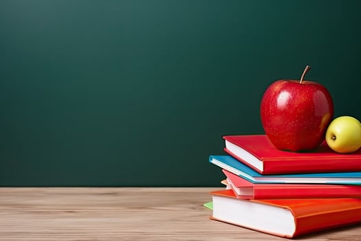 Back to school concept with books, pencils and apple on wooden table.  Generative AI photo