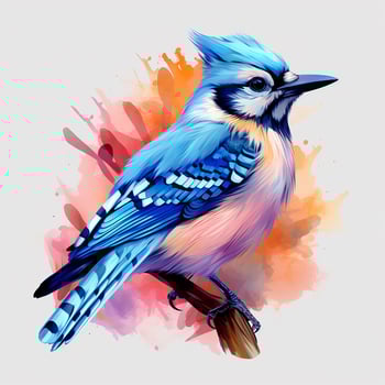 Blue jay bird on a branch with colorful background. ai generated pro photo