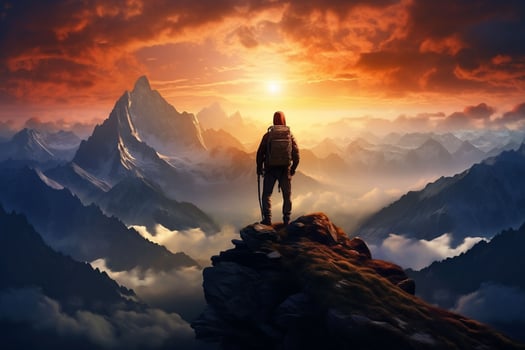 Hiker on the top of the mountain at sunset. Travel and adventure concept. ai generated pro photo