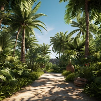 Fantasy landscape with path in the forest. Tropical garden with palm trees and pathway. ai generated  pro photo