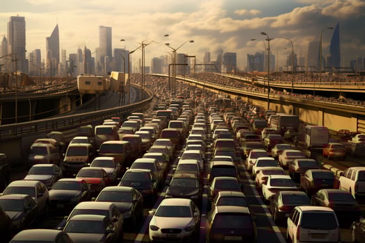 Aerial view of traffic jam on the road in Shanghai, China . Ai generated pro photo