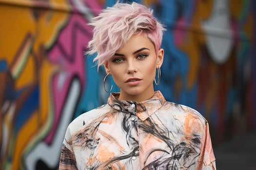 Portrait of a young charming pink-haired woman with a short alternative haircut against the background of a city wall. photo