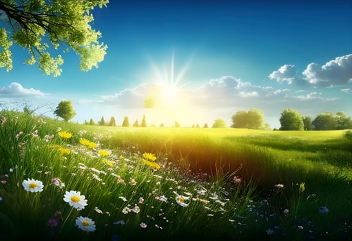 Beautiful meadow field with fresh grass and yellow dandelion flowers in nature against a blurry blue sky with clouds. Summer spring perfect natural landscape AI Generative photo