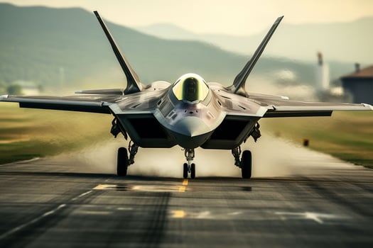 Military fighter jet on the runway of an airfield. 3d rendering. ai generated pro photo
