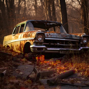 old broken car abandoned in the forest, ai generative photo