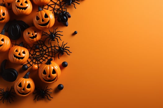 Creatively arranged Halloween decor on an orange paper table background from above AI Generated photo