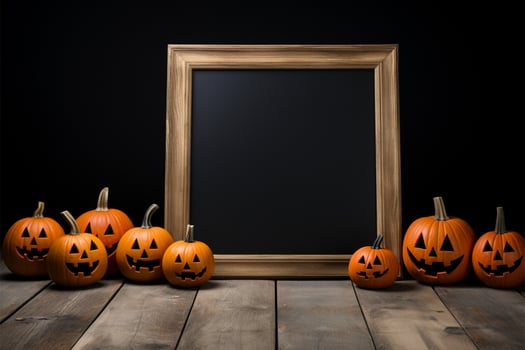 Chalkboard stand features Halloween pumpkins on a black background, wooden floor AI Generated photo