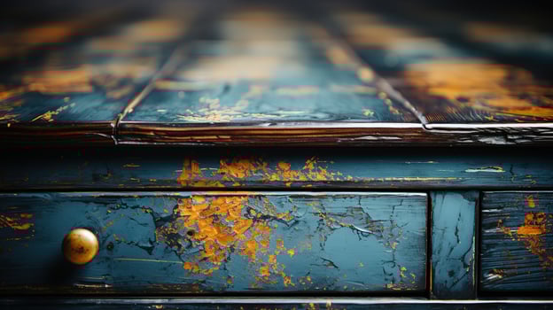 Generative AI, old dresser wooden texture. Blue, turquoise, yellow and orange colors. Vintage grunge background photo
