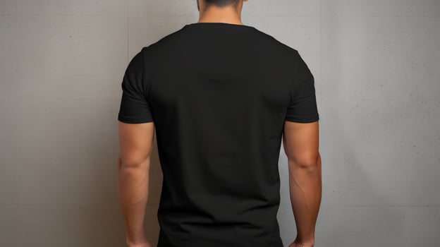 Generative AI, Realistic black T-Shirt mock up blank put on young man, back view, copyspace for presentation advertising. Blank business concept. photo
