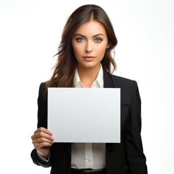 Businesswoman holding a blank sign Isolated on white background AI Generated photo