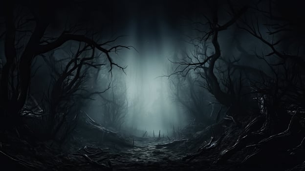 A misty forest with haunting trees shrouded in darkness background with empty space for text photo