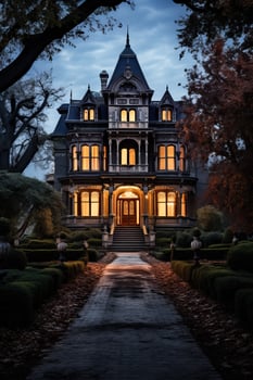 A spooky old mansion standing alone in the moonlight waiting to welcome thrill-seekers on haunted house and ghost tours photo