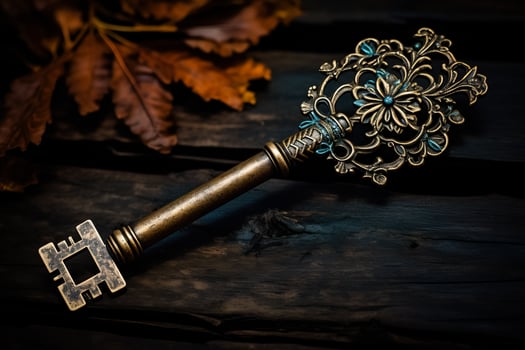 A vintage key with a ghostly aura symbolizing the entryway to mysterious haunted houses during October photo