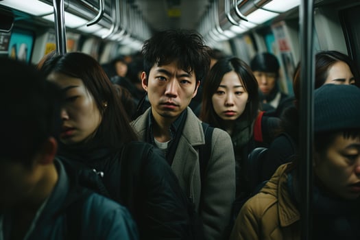 Asian tired sad man in a overflowing subway train among a crowd of people photo