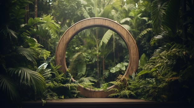 Generative AI, Empty circle wooden frame and tropical leaves on jungle background. For product display. photo
