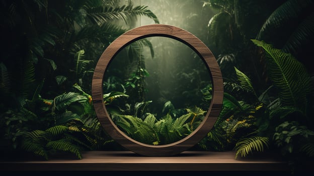 Generative AI, Empty circle wooden frame and tropical leaves on jungle background. For product display. photo