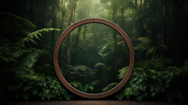 Generative AI, Empty circle wooden frame and tropical leaves on jungle background. For product display. photo