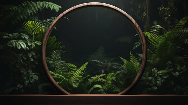 Generative AI, Empty circle wooden frame and tropical leaves on jungle background. For product display. photo