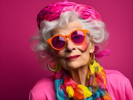 Portrait of an elderly woman in a fashion dress. Generative Ai. photo