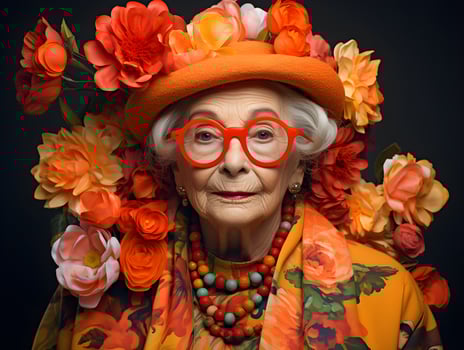 Portrait of an elderly woman in a fashion dress. Generative Ai. photo