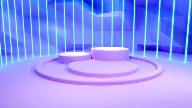 3d rendering light pink product display stand surround blue neon laser frilly background photo