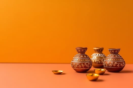 Happy diwali or deepavali traditional indian festival with clay diya oil lamp. Indian hindu festival of light symbol with candle and light. Clay diya lamp lit during diwali celebration by AI generated photo