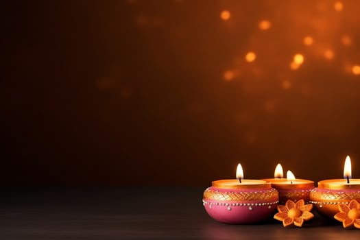 Happy diwali or deepavali traditional indian festival with clay diya oil lamp. Indian hindu festival of light symbol with candle and light. Clay diya lamp lit during diwali celebration by AI generated photo