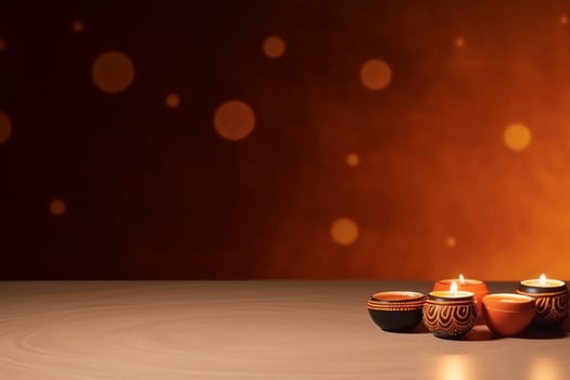 Happy diwali or deepavali traditional indian festival with clay diya oil lamp. Indian hindu festival of light symbol with candle and light. Clay diya lamp lit during diwali celebration by AI generated photo
