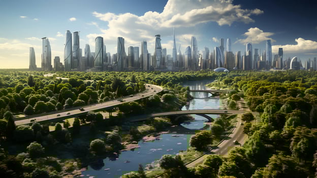 Green environmentally friendly city of the future with many green plants and alternative energy photo